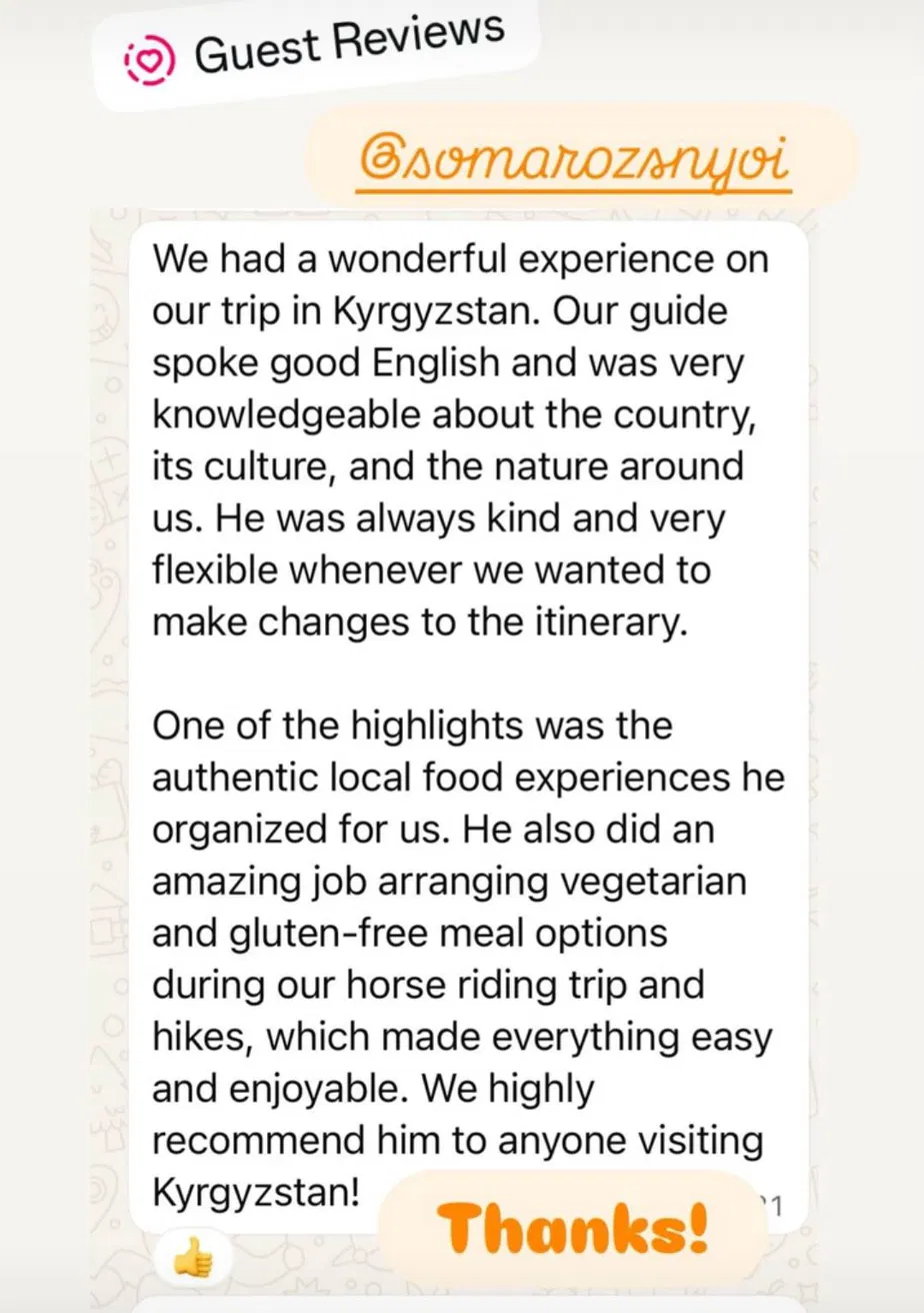Review from somarozanyoi about a Kyrgyzstan tour